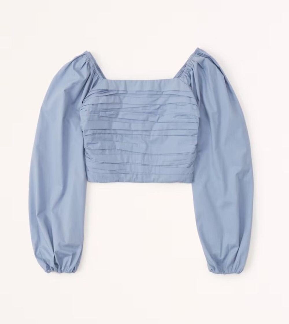 Abercrombie Blue Ruched Square Neck Puff Sleeve Crop Top M